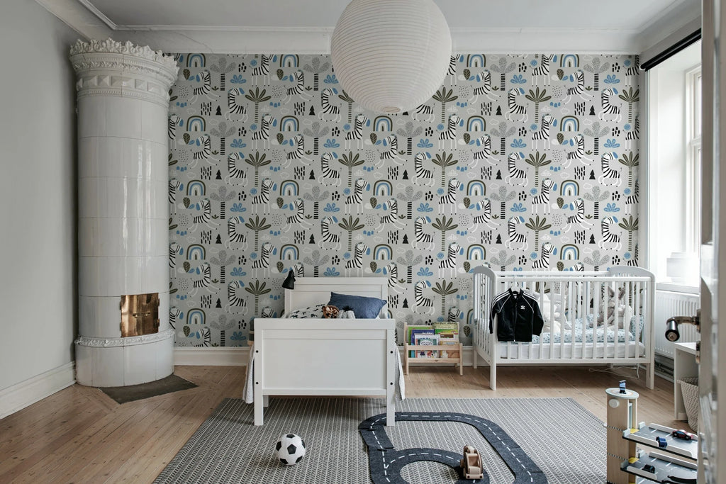 Happy Zebra, Blue Wallcoverings