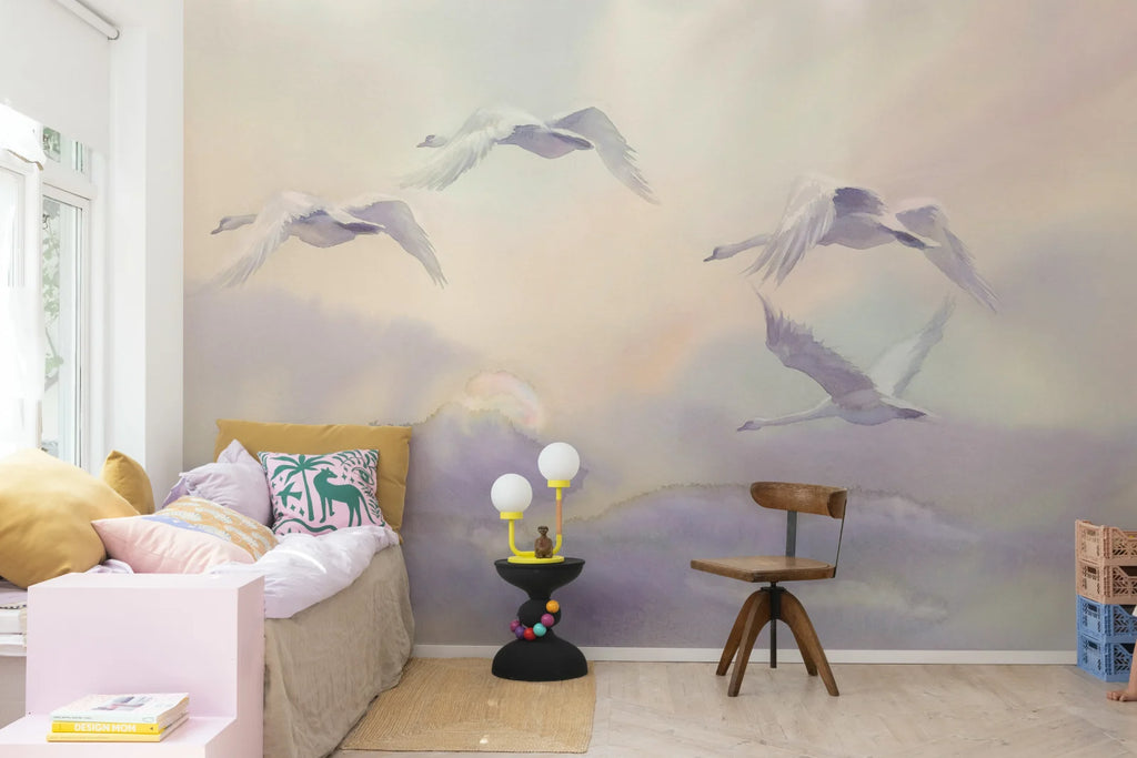 Flying Swans, Pastel Wallcoverings