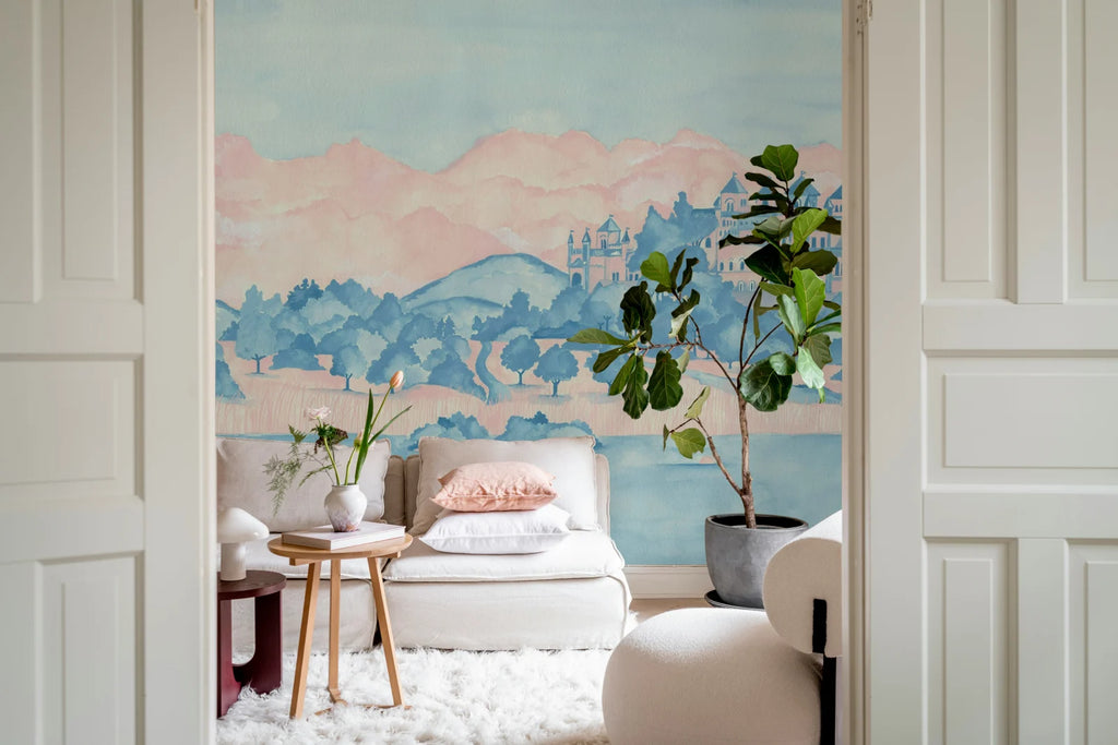 Castle By the Lake, Pink &amp; Blue Wallcoverings