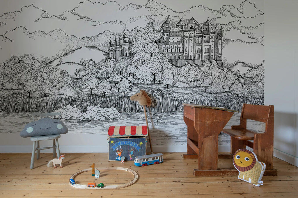 Castle By the Lake, Black &amp; White Wallcoverings