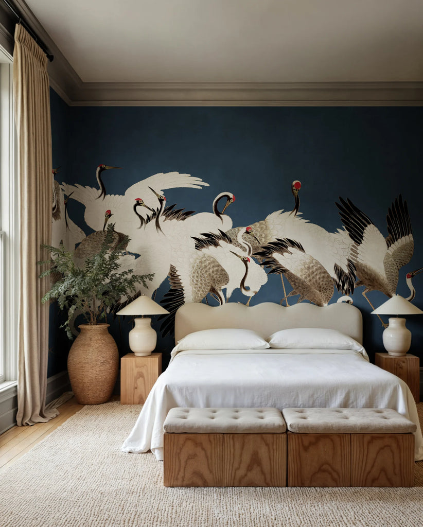 Dancing Cranes, Blue Wallcoverings