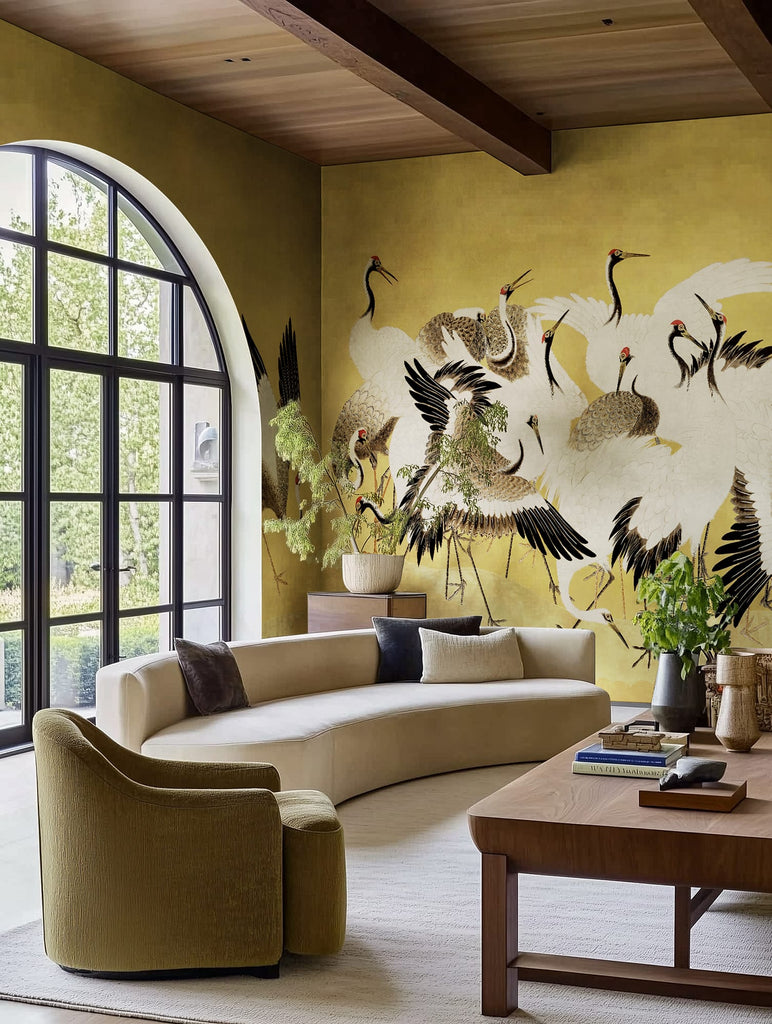 Dancing Cranes, Yellow Wallcoverings
