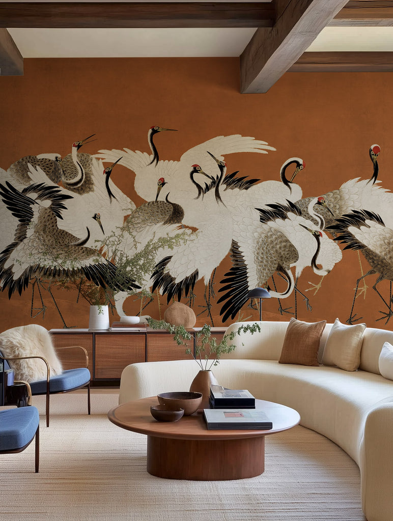 Dancing Cranes, Orange Wallcoverings