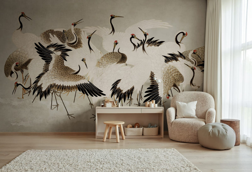 Dancing Cranes, Beige Wallcoverings