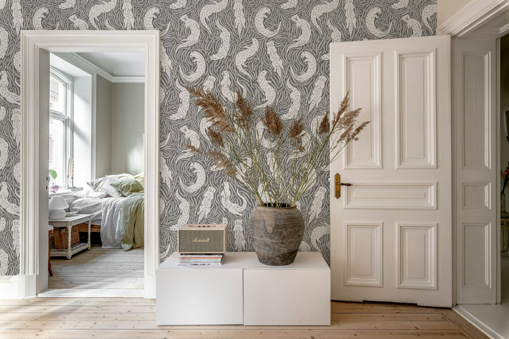 Cute Otters, Gray Wallcoverings