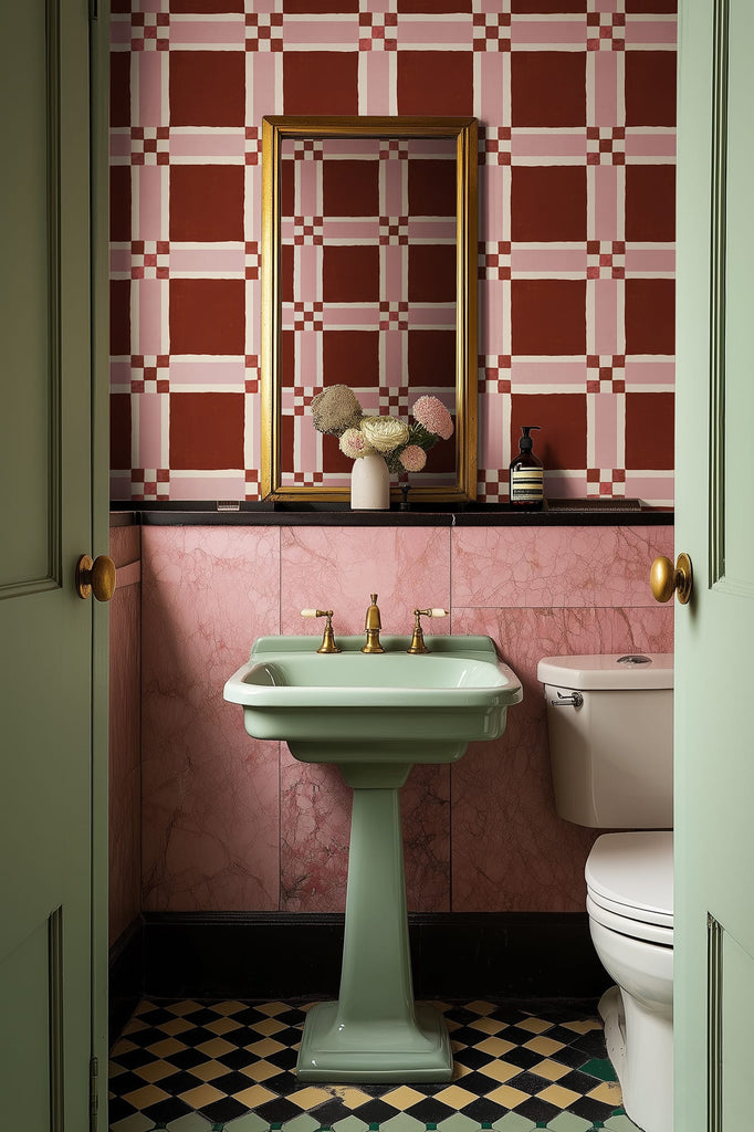 Bold Grid, Burgundy Wallcoverings
