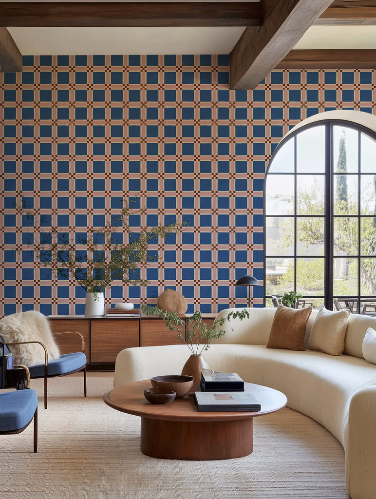 Bold Grid, Blue Wallcoverings