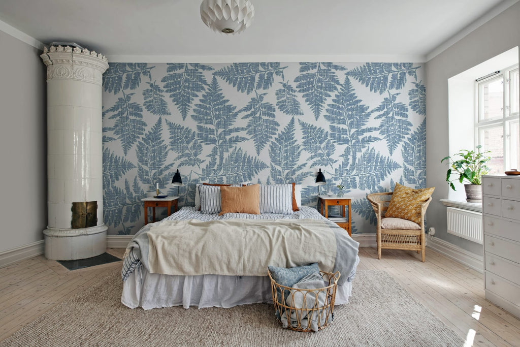 Fern Print, Blue Wallcoverings