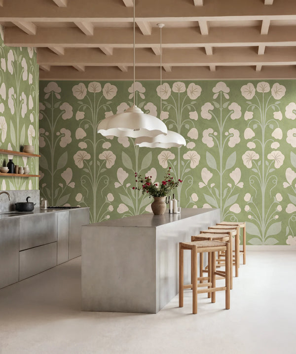 Folk Flower, Green Wallcoverings | Rebel Walls