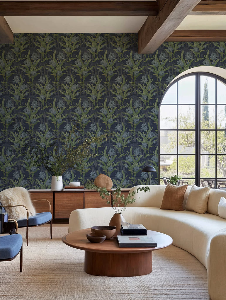 Flower in Pond, Blue Wallcoverings