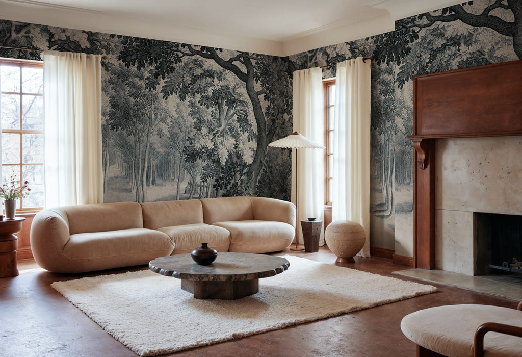 Forest Engraving, Blue Wallcoverings
