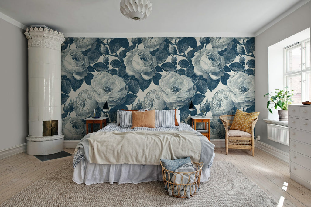 Bold Roses, Blue Wallcoverings