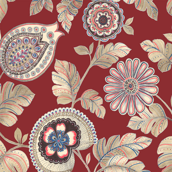 Malibu Calypso Paisley Leaf Fabric Wallpaper - Bohemian Botanical - Cabernet and Coral | Malibu Wallpaper