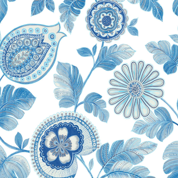 Calypso Paisley Leaf Fabric Bohemian Botanical - Blue Oasis and Ivory | Architectural Wallcoverings