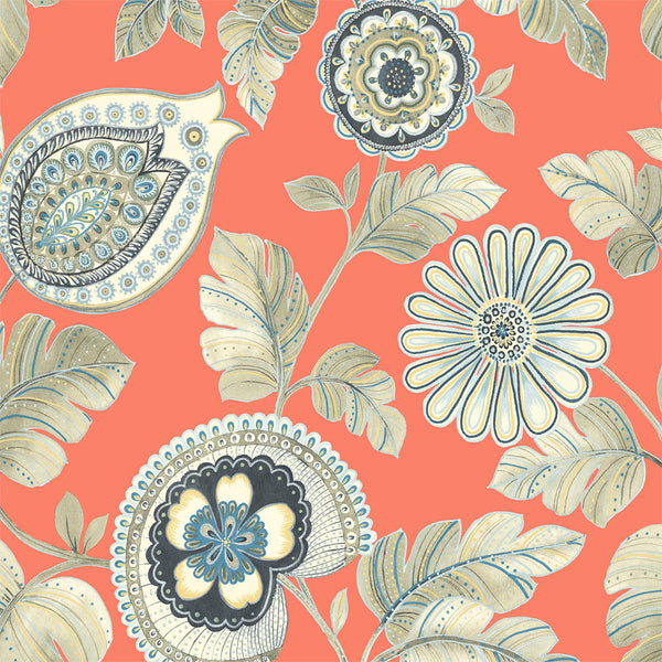 Malibu Calypso Paisley Leaf Fabric Wallpaper - Bohemian Botanical - Coral and Aloe | Malibu Wallpaper
