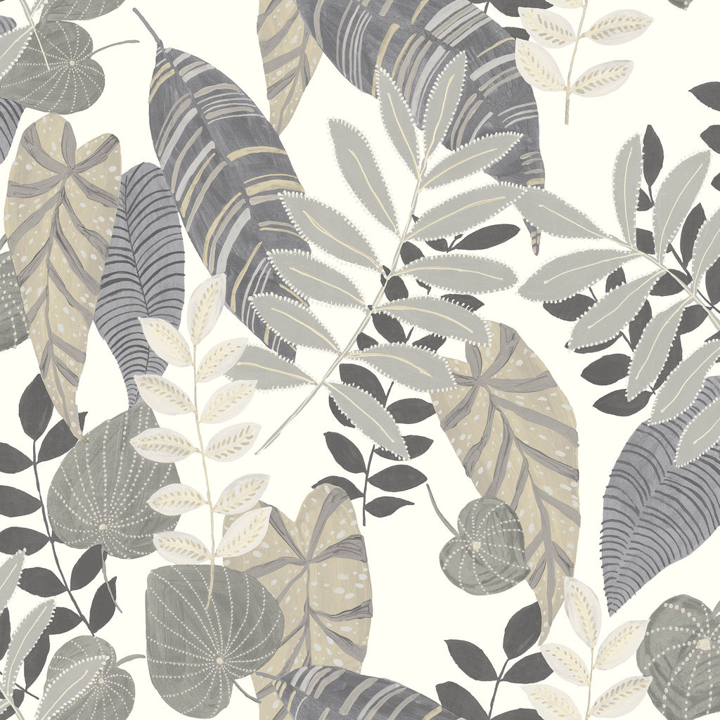 Malibu Tropicana Leaves Fabric Wallpaper - Bohemian Botanical - Charcoal, Stone, and Daydream Gray | Malibu Wallpaper