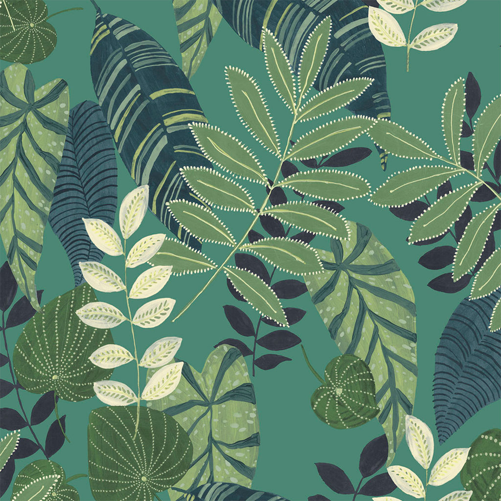 Malibu Tropicana Leaves Fabric Wallpaper - Bohemian Botanical - Jade, Rosemary, and Spruce | Malibu Wallpaper