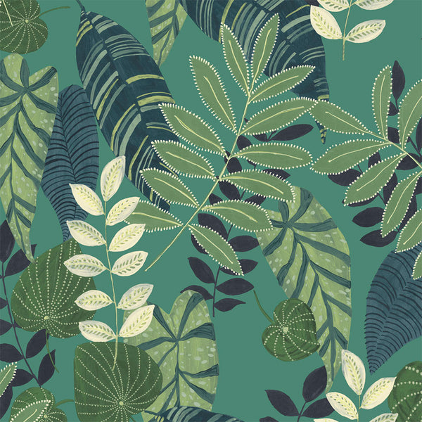 Malibu Tropicana Leaves Fabric Wallpaper - Bohemian Botanical - Jade, Rosemary, and Spruce | Malibu Wallpaper
