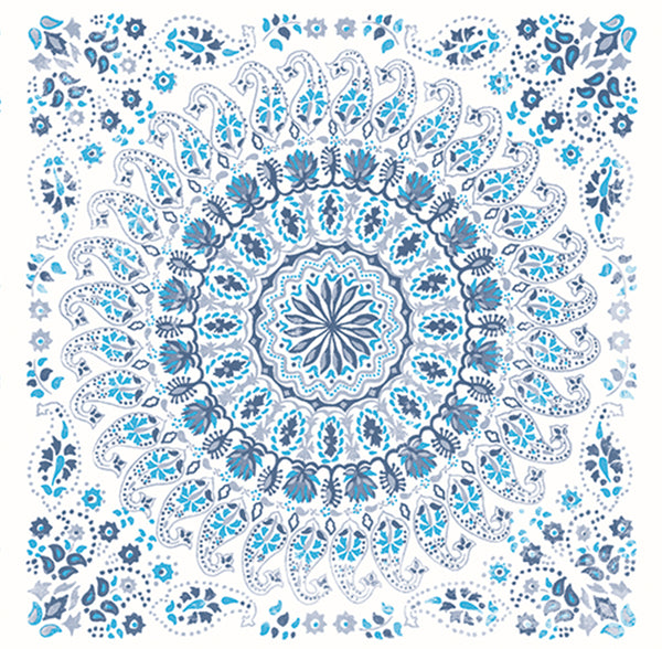 Malibu Mandala Boho Tile Fabric Wallpaper - Bohemian Tile - Cerulean and Washed Denim | Malibu Wallpaper