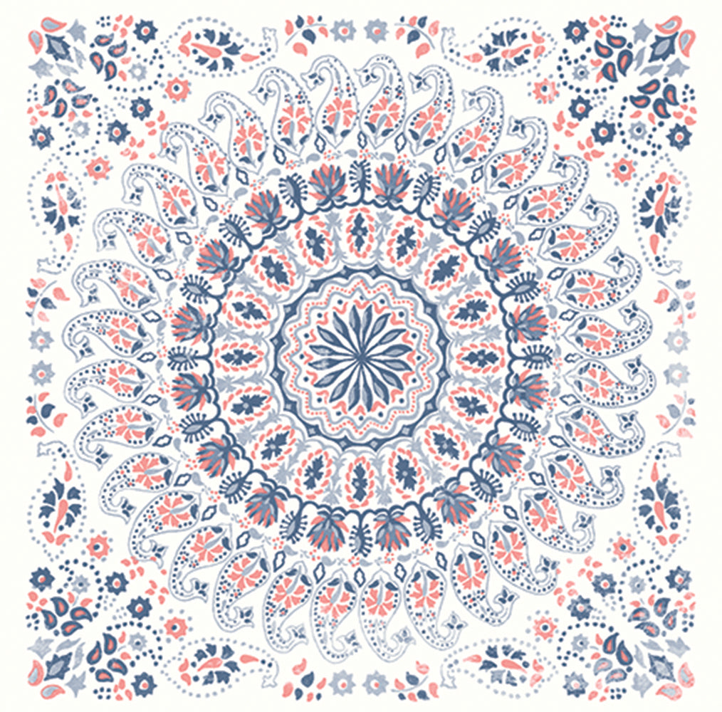 Malibu Mandala Boho Tile Fabric Wallpaper - Bohemian Tile - Coral, Cream, and Midnight Blue | Malibu Wallpaper