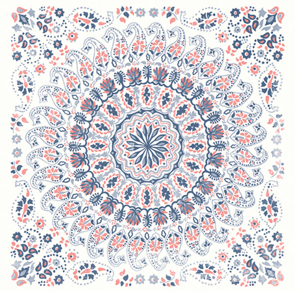 Malibu Mandala Boho Tile Fabric Wallpaper - Bohemian Tile - Coral, Cream, and Midnight Blue | Malibu Wallpaper