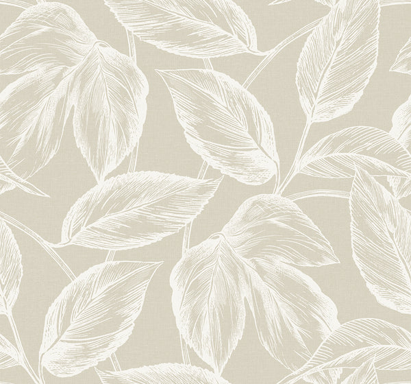 Beckett Sketched Leaves Coastal Botanical - Oat | Architectural Wallcoverings
