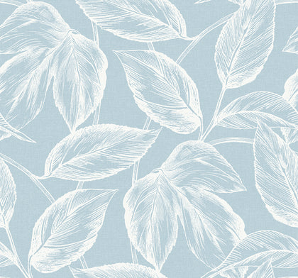 Beckett Sketched Leaves Coastal Botanical - Baby Blue | Architectural Wallcoverings