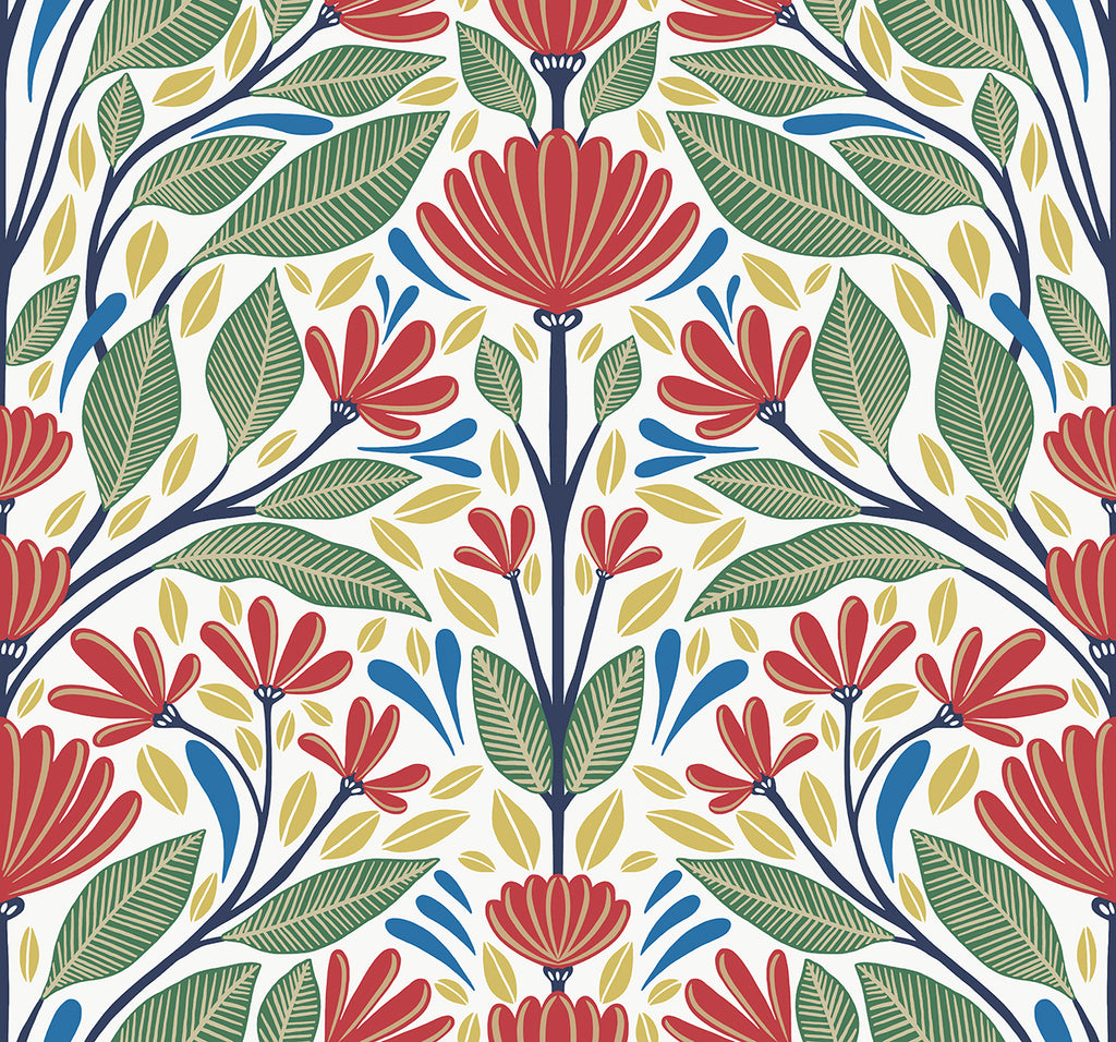 Malibu Carmela Folk Floral Wallpaper - Contemporary Floral - Primaries | Malibu Wallpaper