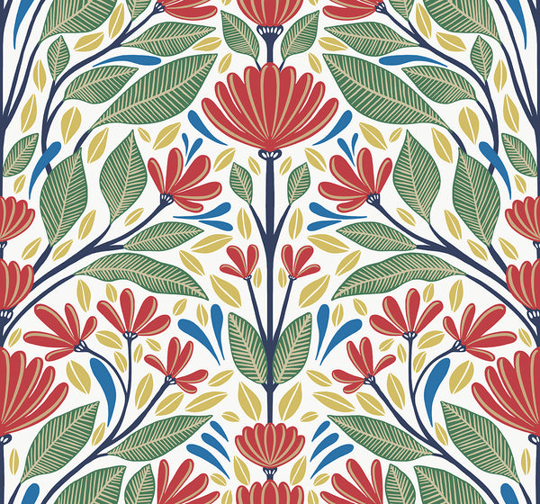 Malibu Carmela Folk Floral Wallpaper - Contemporary Floral - Primaries | Malibu Wallpaper