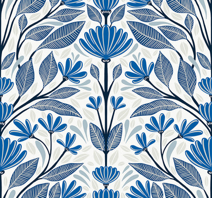 Carmela Folk Floral Contemporary Floral - True Blue | Architectural Wallcoverings