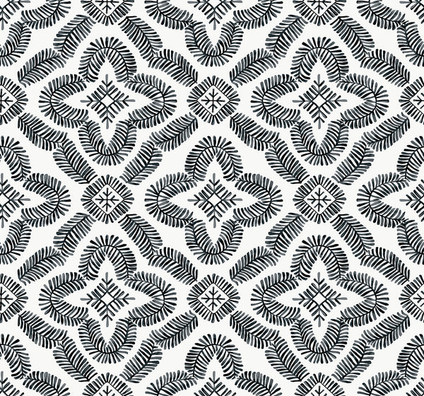 Malibu Talia Botanical Medallion Wallpaper - Contemporary Geometric - Black and White | Malibu Wallpaper