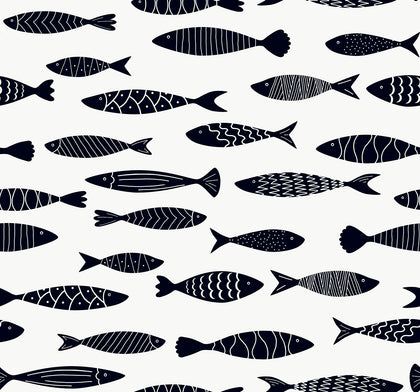 Bay Fish Coastal Animal Print - Black and White | Architectural Wallcoverings