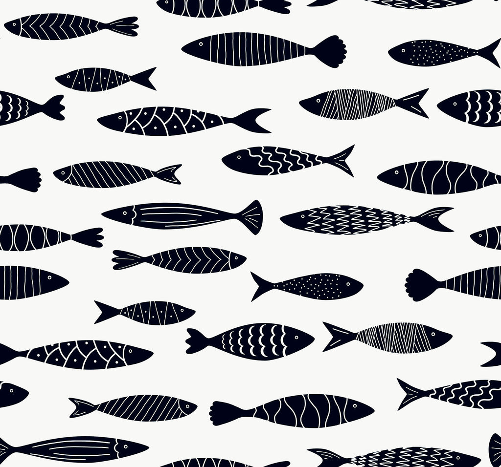 Malibu Bay Fish Wallpaper - Coastal Animal Print - Black and White | Malibu Wallpaper