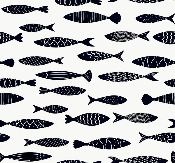 Malibu Bay Fish Wallpaper - Coastal Animal Print - Black and White | Malibu Wallpaper