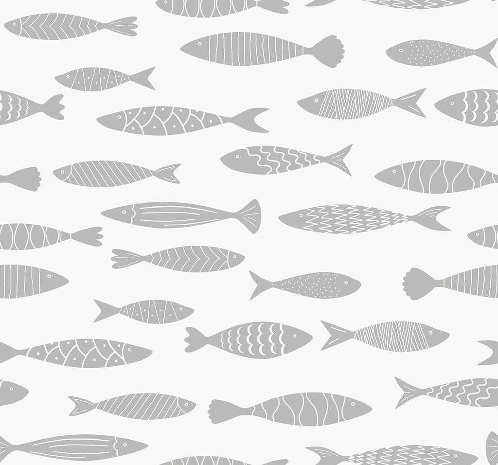 Malibu Bay Fish Wallpaper - Coastal Animal Print - Silver Sea | Malibu Wallpaper
