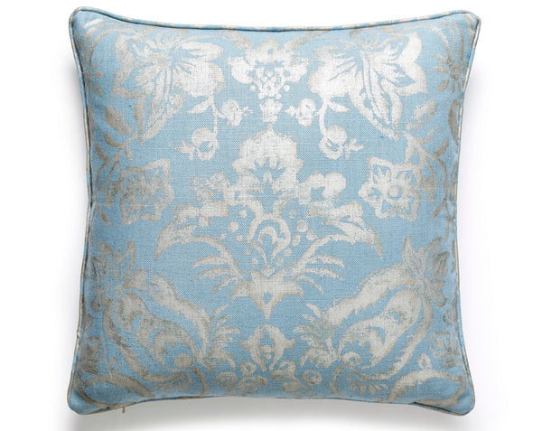 Mansfield Damask Print Pillow Square 22X22 Bluestone & Silver | Scalamandre