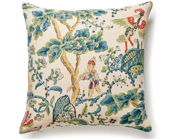 Kelmescott Hand Block Pillow Square 22X22 Peacock on Sand | Scalamandre