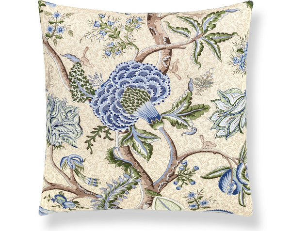 Pondicherry Cotton Pillow Square 22X22 Blue, Green on Cream | Scalamandre