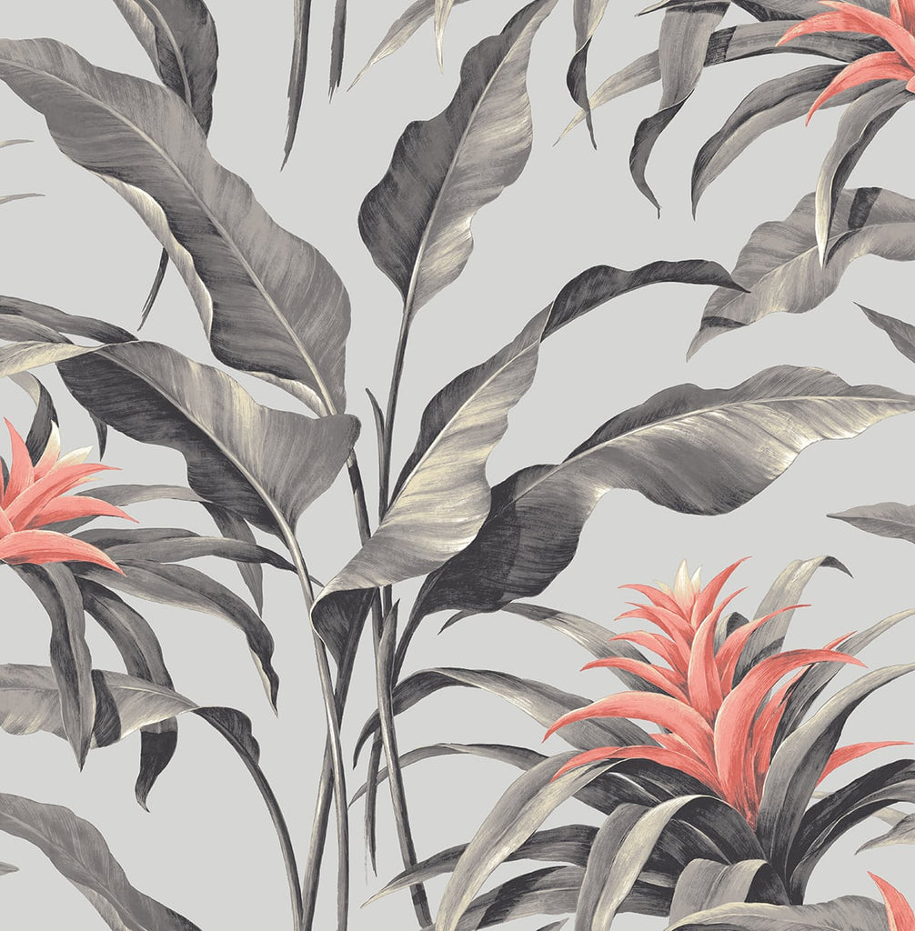 Malibu PS Palma Tropical Botanical - Metallic Silver & Coral | Peel and Stick Removable Wallpaper