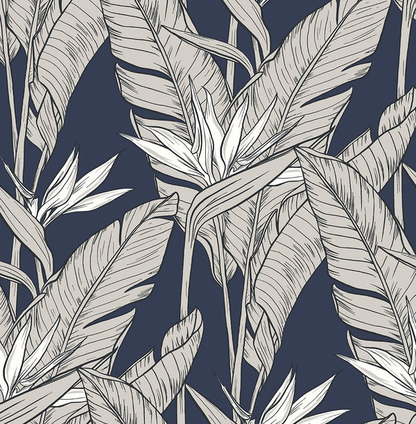 Malibu Ps Birds of Paradise Tropical Floral - Navy Blue & Metallic Pewter | Peel and Stick Removable Wallcovering
