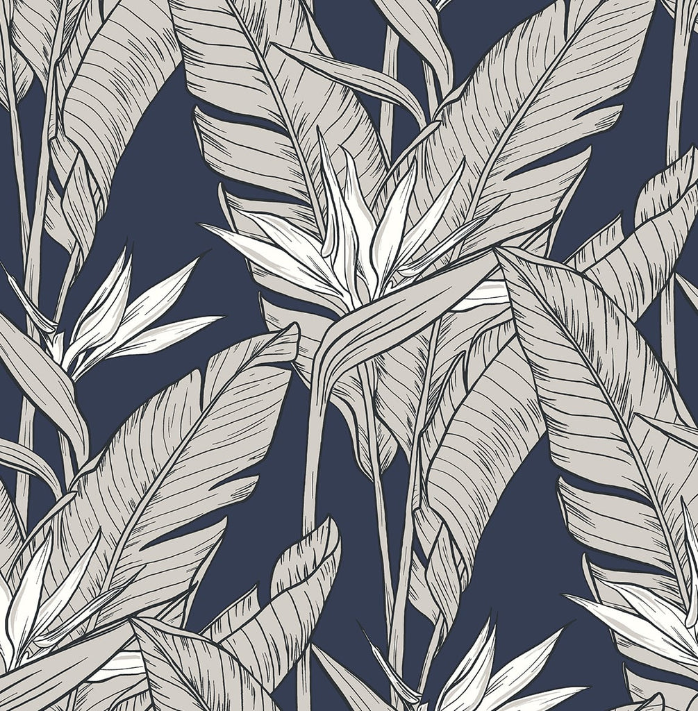 Malibu PS Birds of Paradise Tropical Floral - Navy Blue & Metallic Pewter | Peel and Stick Removable Wallpaper