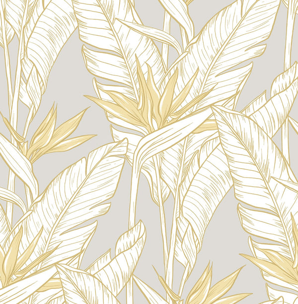 Malibu Ps Birds of Paradise Tropical Floral - Grey & Metallic Gold | Peel and Stick Removable Wallcovering