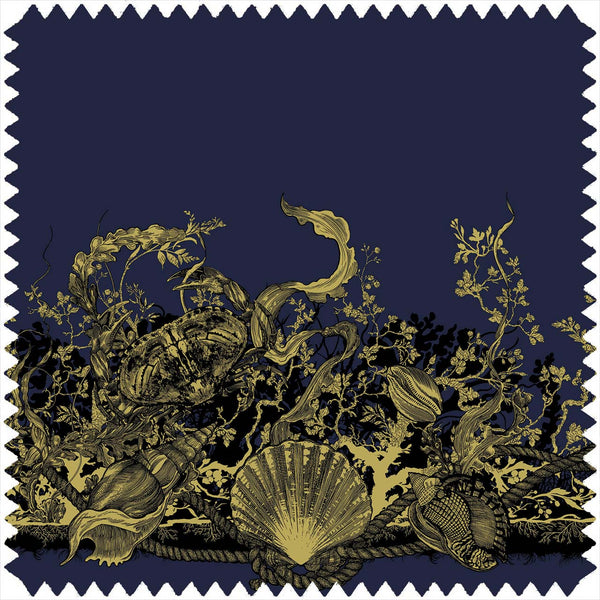 Shell & Crab Velvet Panel Black & Pale Gold on Navy | Timorous Beasties Fabric