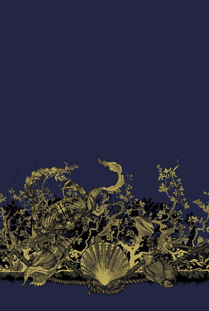 Shell & Crab Velvet Panel Black & Pale Gold on Navy