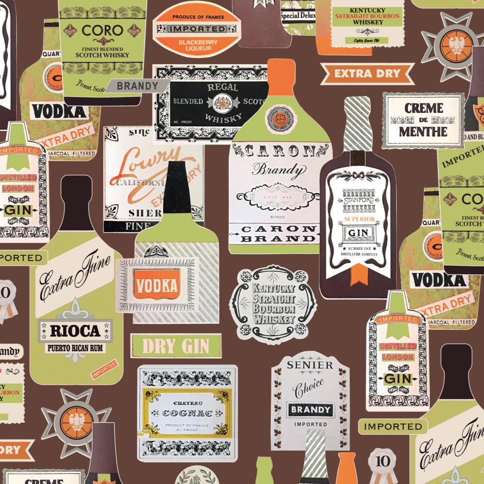 Bailey Bottles of Booze 1970's Wallcoverings Wallcovering | DW Bespoke Studios