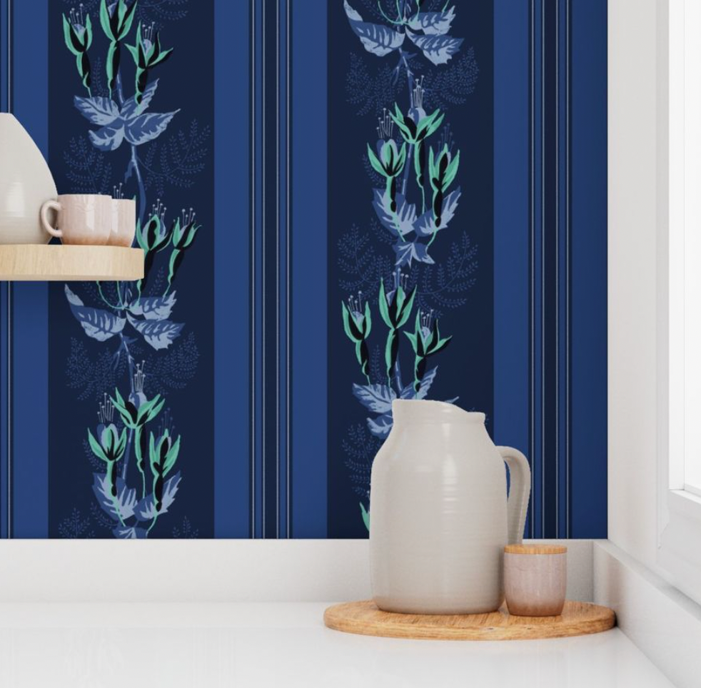 Victoria Vintage Stripe Deep Blue Designer Wallcoverings and Fabrics