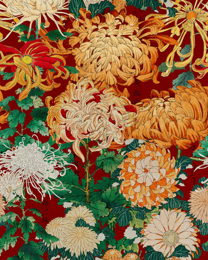 Chrysanthemums - Green, Orange, Red Wallcovering | Mind the Gap