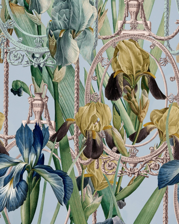 Fleurs D'Iris Aquamarine - Blue, Green, Ochre, Rose Gold Wallcovering | Mind the Gap