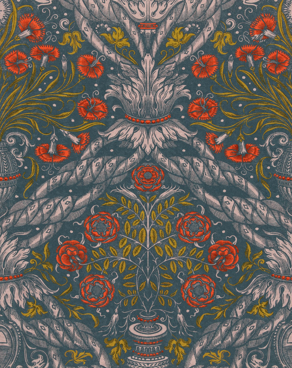Floral Ornament Scarlet - Taupe, Blue, Red Wallcovering | Mind the Gap