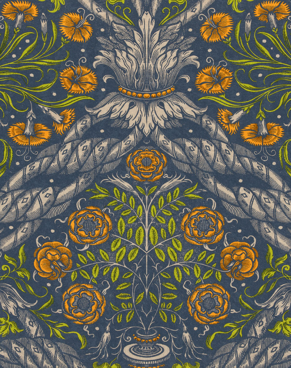 Floral Ornament - Blue, Green, Orange Wallcovering | Mind the Gap